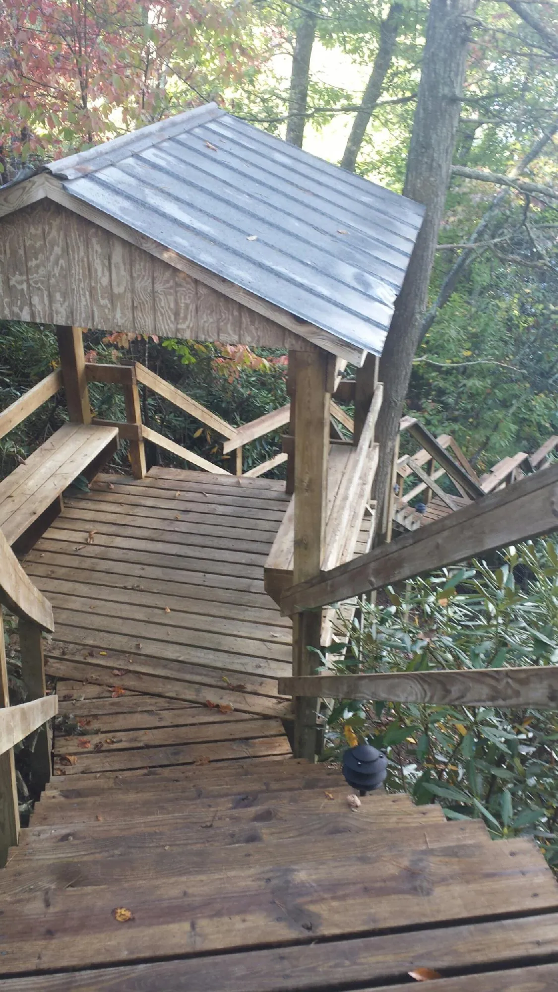 Metal roofed shelter over wooden steps on a wooded walkway — Skylight Repair & Installation work by our crew in Clarkston
